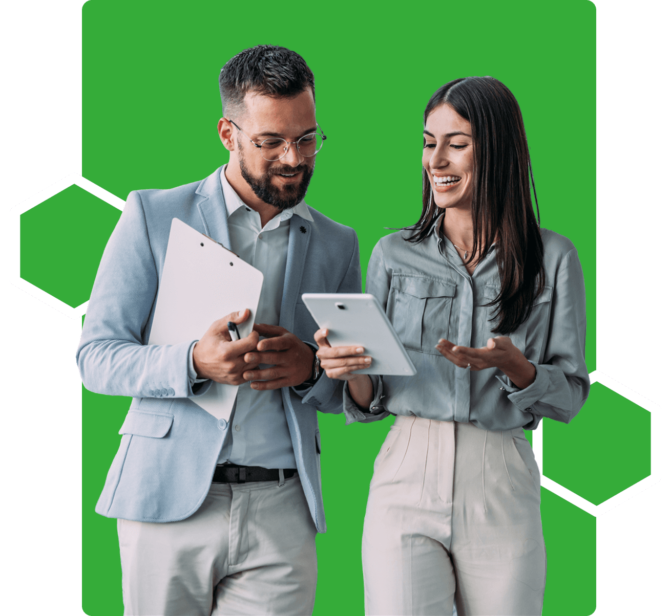 Business professionals discussing with tablet and clipboard.